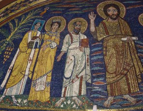 그리스도와 함께 있는 교황 성 파스칼 1세와 성녀 체칠리아와 사도 성 바오로_photo by Lawrence OP_in the apse of the basilica of Santa Caecilia in Trastevere.jpg